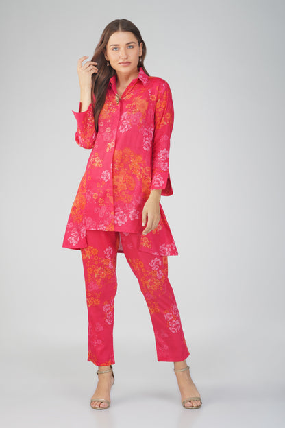 Gul Pink Cotton Co-ord Set – Rose Print Kurta with Collar & Pocketed Pants