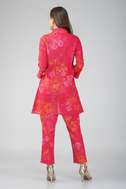 Gul Pink Cotton Co-ord Set – Rose Print Kurta with Collar & Pocketed Pants