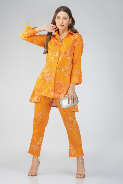 Gul Yellow Cotton Co-ord Set – Rose Print Kurta with Collar & Pocketed Pants