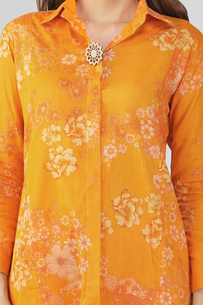 Gul Yellow Cotton Co-ord Set – Rose Print Kurta with Collar & Pocketed Pants