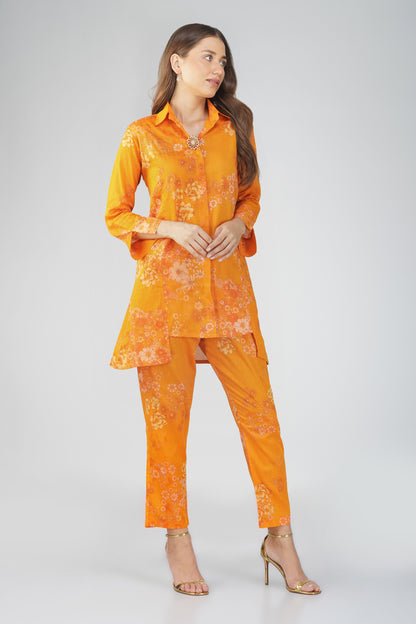 Gul Yellow Cotton Co-ord Set – Rose Print Kurta with Collar & Pocketed Pants