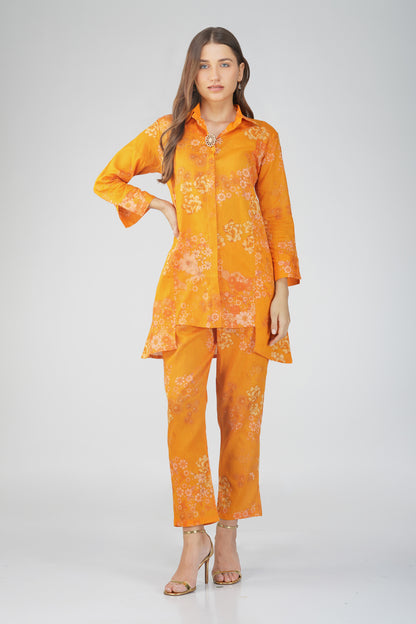 Gul Yellow Cotton Co-ord Set – Rose Print Kurta with Collar & Pocketed Pants