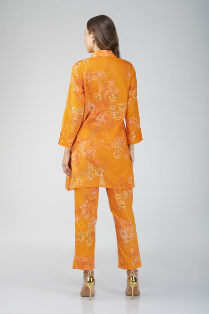 Gul Yellow Cotton Co-ord Set – Rose Print Kurta with Collar & Pocketed Pants