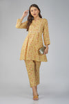 Kajal Yellow Cotton Co-ord Set – All Over Print Kurta with Lace Detail & Pocketed Pants