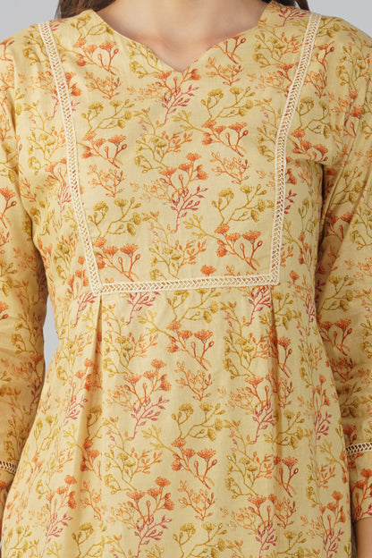 Kajal Yellow Cotton Co-ord Set – All Over Print Kurta with Lace Detail & Pocketed Pants