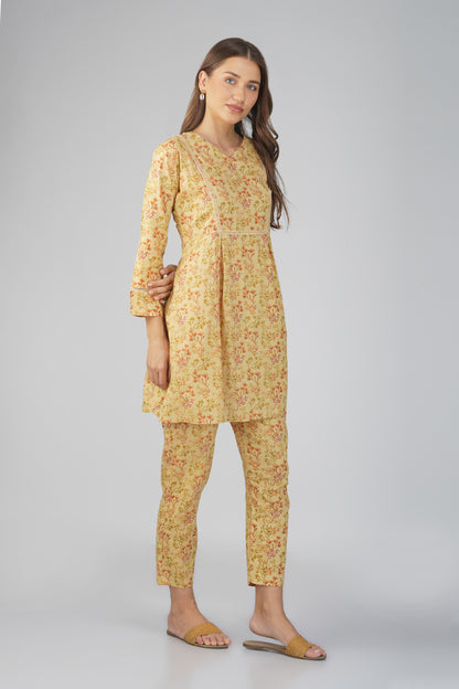 Kajal Yellow Cotton Co-ord Set – All Over Print Kurta with Lace Detail & Pocketed Pants