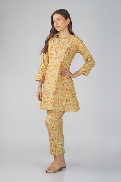 Kajal Yellow Cotton Co-ord Set – All Over Print Kurta with Lace Detail & Pocketed Pants