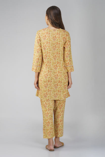 Kajal Yellow Cotton Co-ord Set – All Over Print Kurta with Lace Detail & Pocketed Pants