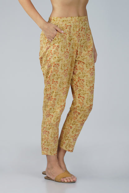 Kajal Yellow Cotton Co-ord Set – All Over Print Kurta with Lace Detail & Pocketed Pants