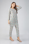 Kajal Grey Cotton Co-ord Set – Printed Kurta with Lace Detailing & Pocketed Pants