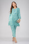 Kajal Sea Blue Cotton Co-ord Set – Ditsy Print Kurta with Lace Detailing & Pants