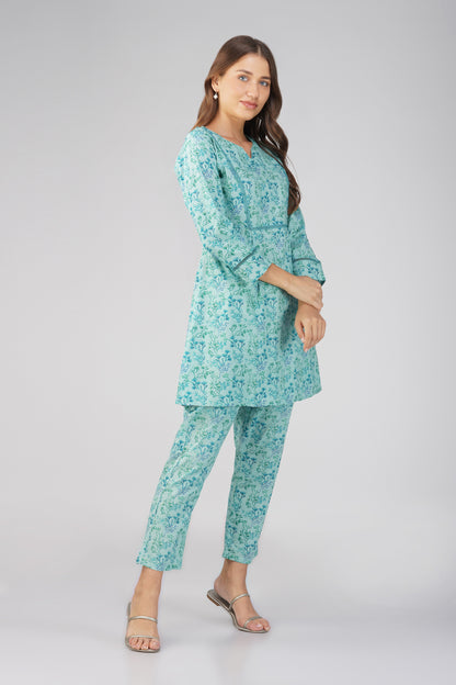 Kajal Sea Blue Cotton Co-ord Set – Ditsy Print Kurta with Lace Detailing & Pants