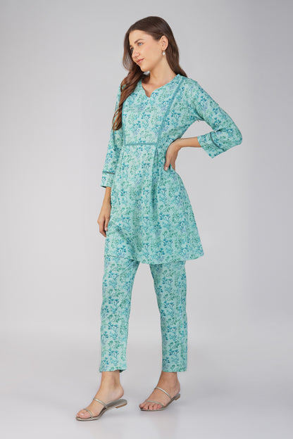 Kajal Sea Blue Cotton Co-ord Set – Ditsy Print Kurta with Lace Detailing & Pants