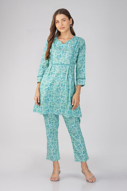 Kajal Sea Blue Cotton Co-ord Set – Ditsy Print Kurta with Lace Detailing & Pants
