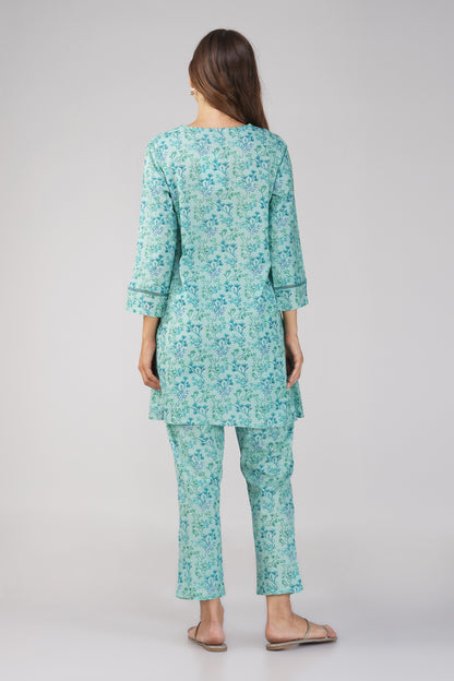Kajal Sea Blue Cotton Co-ord Set – Ditsy Print Kurta with Lace Detailing & Pants