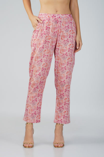 Kajal Pink Cotton Co-ord Set – Ditsy Print Kurta with Lace Detail & Pocketed Pants