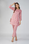 Kajal Pink Cotton Co-ord Set – Ditsy Print Kurta with Lace Detail & Pocketed Pants