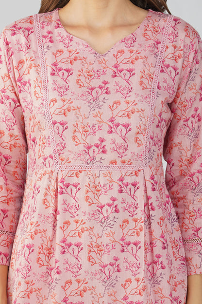 Kajal Pink Cotton Co-ord Set – Ditsy Print Kurta with Lace Detail & Pocketed Pants