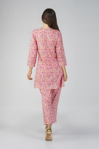 Kajal Pink Cotton Co-ord Set – Ditsy Print Kurta with Lace Detail & Pocketed Pants