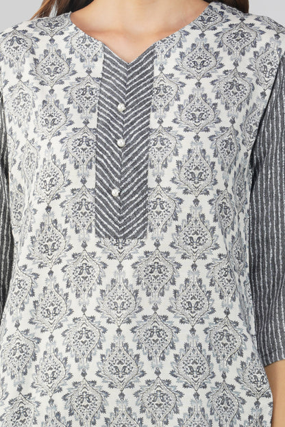Indigo Lines Black Co-ord Set – Block Print Tunic with Striped Pants & Pearl Buttons