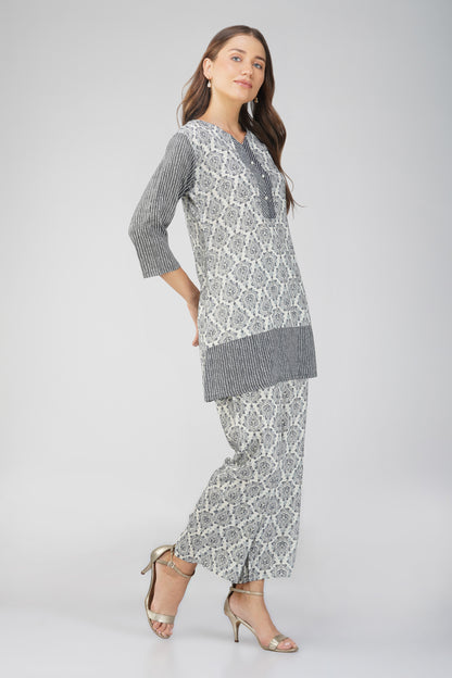 Indigo Lines Black Co-ord Set – Block Print Tunic with Striped Pants & Pearl Buttons