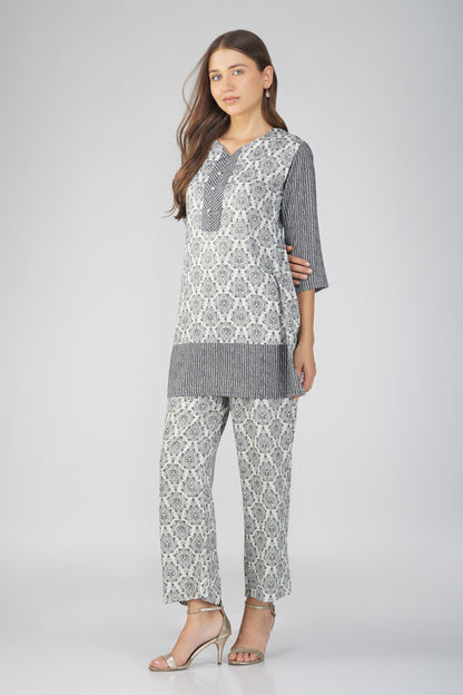 Indigo Lines Black Co-ord Set – Block Print Tunic with Striped Pants & Pearl Buttons
