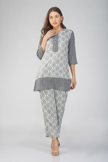 Indigo Lines Black Co-ord Set – Block Print Tunic with Striped Pants & Pearl Buttons