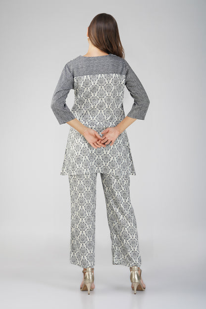 Indigo Lines Black Co-ord Set – Block Print Tunic with Striped Pants & Pearl Buttons