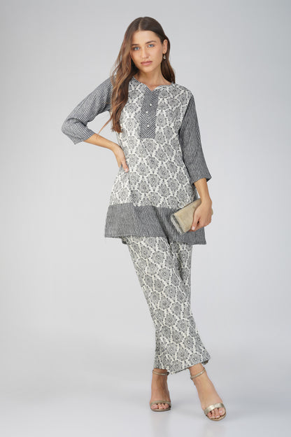 Indigo Lines Black Co-ord Set – Block Print Tunic with Striped Pants & Pearl Buttons