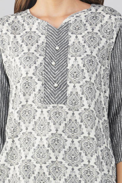 Dark Blue Co-ord Set – Block Print Tunic with Striped Pants & Pearl Buttons