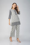 Dark Blue Co-ord Set – Block Print Tunic with Striped Pants & Pearl Buttons