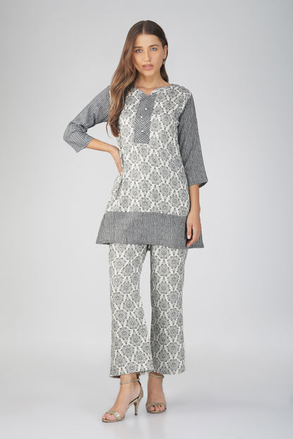 Dark Blue Co-ord Set – Block Print Tunic with Striped Pants & Pearl Buttons