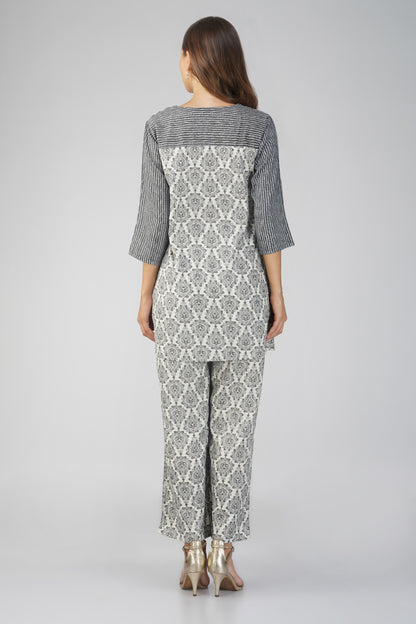 Dark Blue Co-ord Set – Block Print Tunic with Striped Pants & Pearl Buttons
