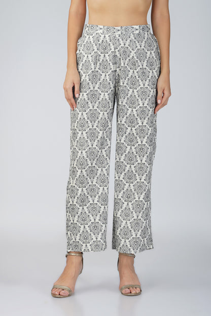 Dark Blue Co-ord Set – Block Print Tunic with Striped Pants & Pearl Buttons
