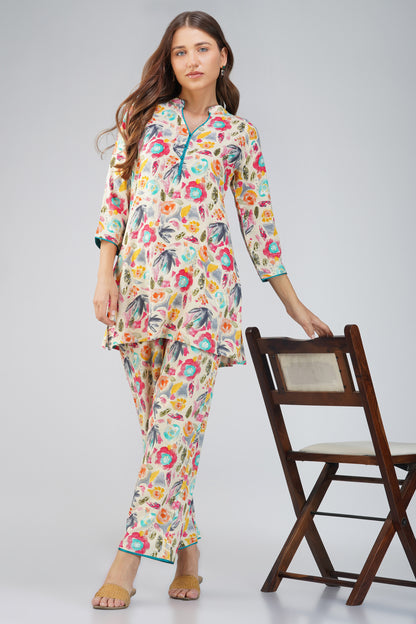 Colour Me Happy Multicolour Tunic Co-ord Set – With Piping Detail & Printed Pants