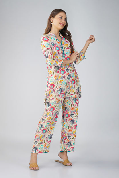Colour Me Happy Multicolour Tunic Co-ord Set – With Piping Detail & Printed Pants
