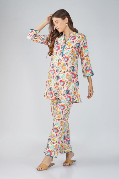 Colour Me Happy Multicolour Tunic Co-ord Set – With Piping Detail & Printed Pants