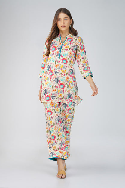 Colour Me Happy Multicolour Tunic Co-ord Set – With Piping Detail & Printed Pants