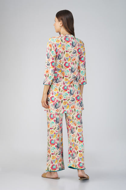 Colour Me Happy Multicolour Tunic Co-ord Set – With Piping Detail & Printed Pants