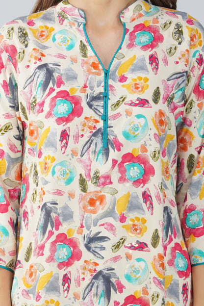 Colour Me Happy Multicolour Tunic Co-ord Set – With Piping Detail & Printed Pants