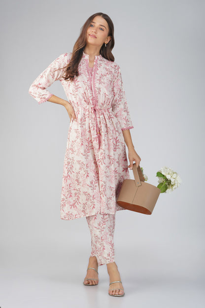 Snigdha Peach Foliage Overlay Kurti Co-ord Set – With Tie-Up Waist & Flared Palazzos