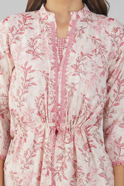 Snigdha Peach Foliage Overlay Kurti Co-ord Set – With Tie-Up Waist & Flared Palazzos