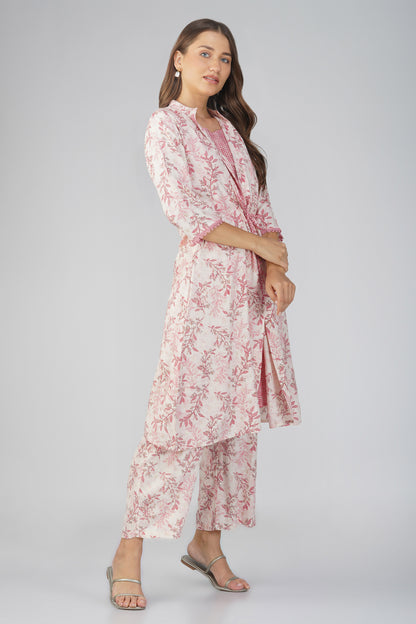 Snigdha Peach Foliage Overlay Kurti Co-ord Set – With Tie-Up Waist & Flared Palazzos