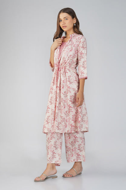 Snigdha Peach Foliage Overlay Kurti Co-ord Set – With Tie-Up Waist & Flared Palazzos
