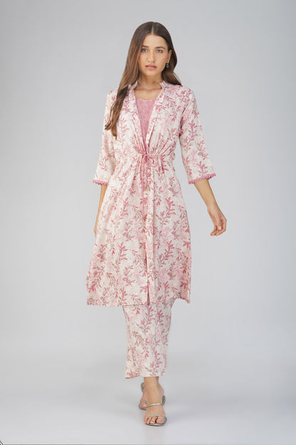 Snigdha Peach Foliage Overlay Kurti Co-ord Set – With Tie-Up Waist & Flared Palazzos