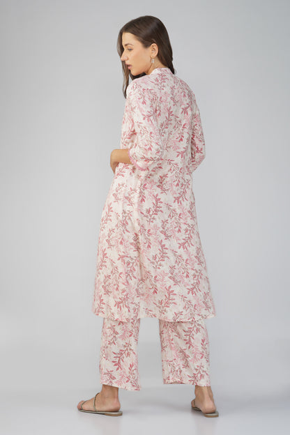 Snigdha Peach Foliage Overlay Kurti Co-ord Set – With Tie-Up Waist & Flared Palazzos