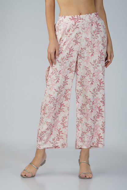 Snigdha Peach Foliage Overlay Kurti Co-ord Set – With Tie-Up Waist & Flared Palazzos