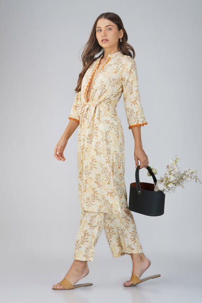 Snigdha Yellow Overlay Kurti Co-ord Set – Foliage Print with Tie-Up Waist & Palazzos