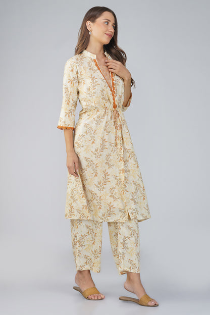 Snigdha Yellow Overlay Kurti Co-ord Set – Foliage Print with Tie-Up Waist & Palazzos