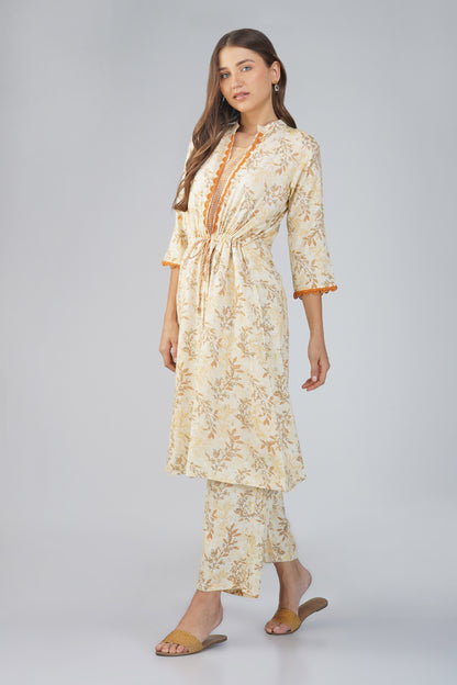 Snigdha Yellow Overlay Kurti Co-ord Set – Foliage Print with Tie-Up Waist & Palazzos
